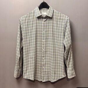Nordstrom Rack Trim Fit Dress Shirt 15.5 32/33 Blue Tan Plaid Button Front